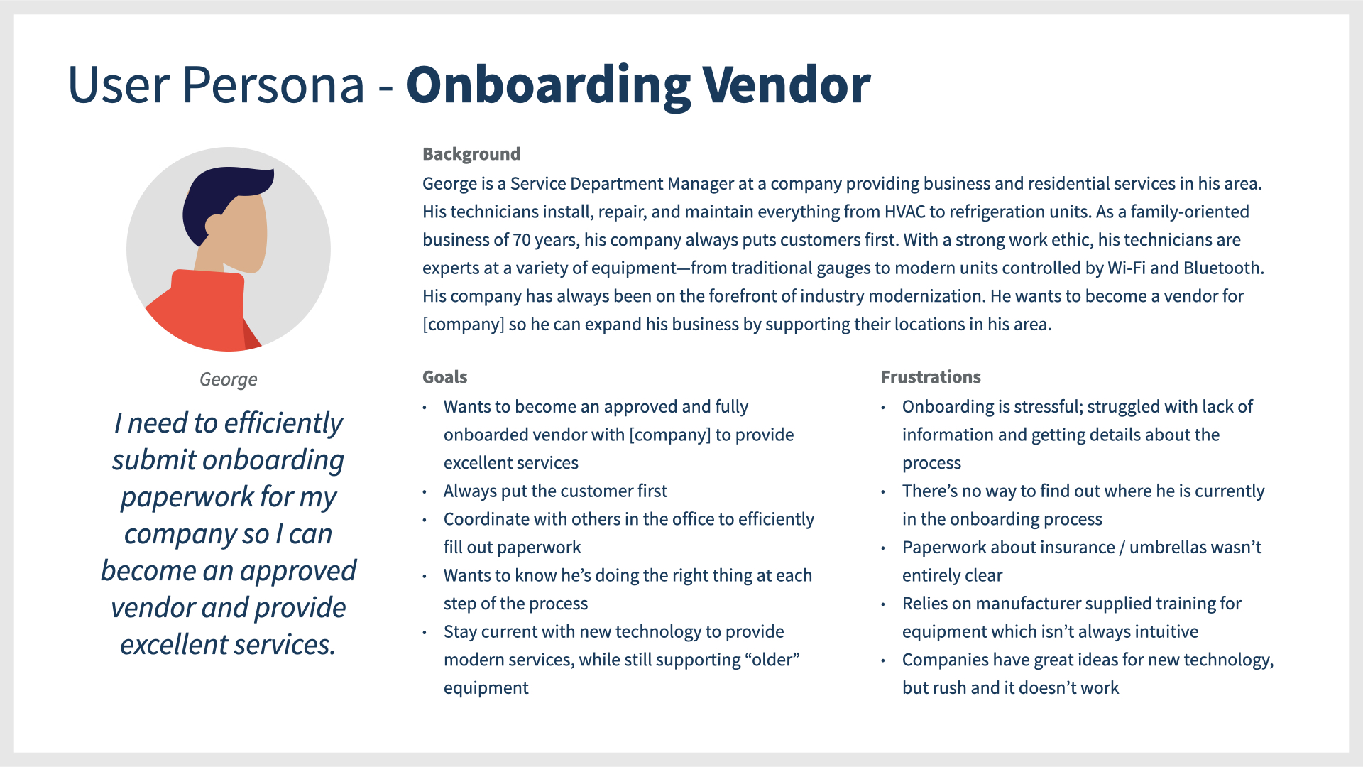 User persona for onboarding vendor