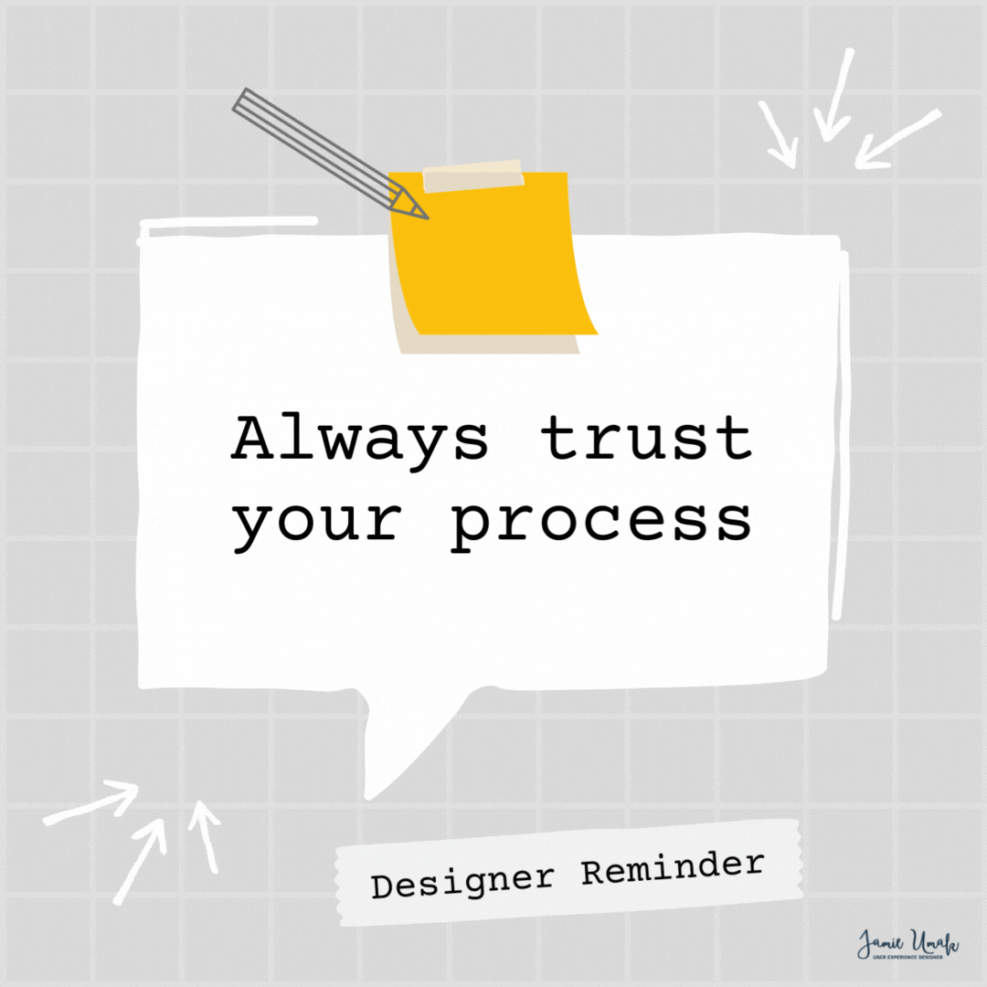 Graphic with white animated arrows at top right and bottom left corners pointing inwards to a text bubble in the center that says, “Always trust your process.” Below it is a piece of tape that says, “Designer Reminder.” Above the text bubble a yellow sticky note graphic is attached in the center with a pencil. The background is light gray with a transparent white square grid overlay.