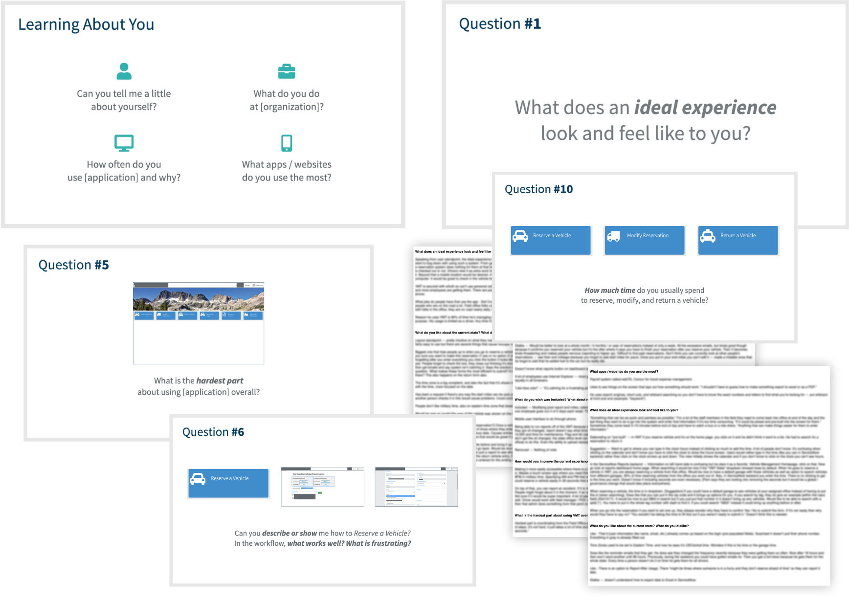 Screenshots of user interview presentation and transcript content