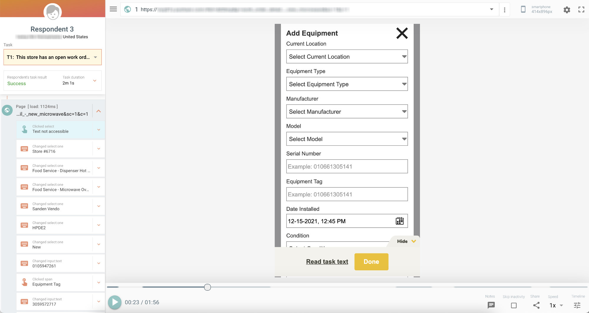 Screenshot of usability testing tool with video playback for analysis