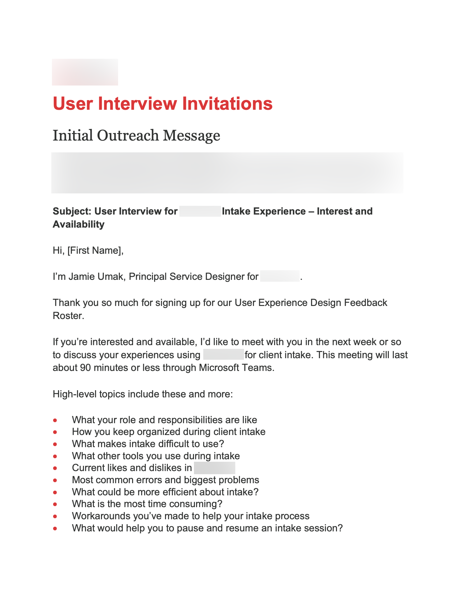 Screenshot of Initial Outreach Message